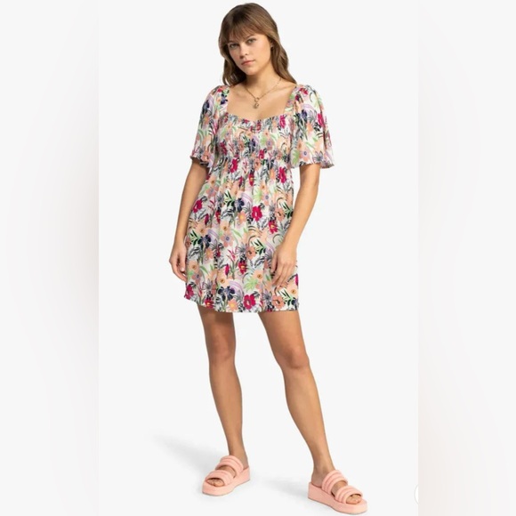 ROXY‎ Golden Dawn Smocked A-Line Mini Dress in Ash Rose Wallflower Size Large - Picture 4 of 16